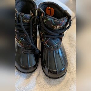 Sperry Kids Black Duck Boots with Multicolor Stitching